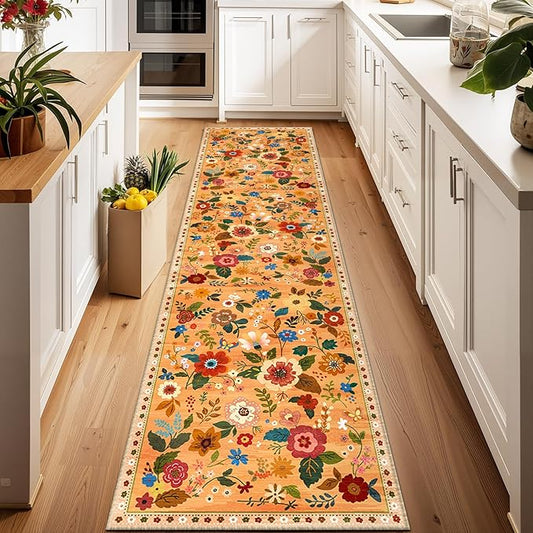 Floral 2x8 Area Rug Machine Washable Soft Print Boho Carpet Non Slip Doormat Low Pile Flower Area Rugs for Living Room Bedroom Nursery Kitchen Dining Room Indoor-Yellow/Orange