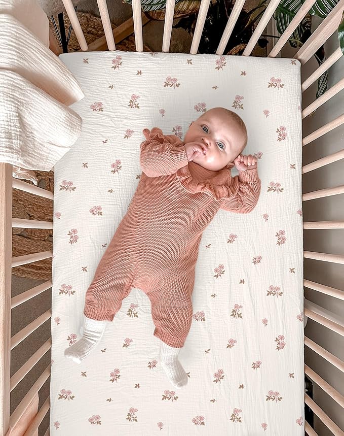 Bassinet Sheet for Baby Boy and Girl 2 Pack, Fitted Sheets for Rectangle, Oval, Hourglass Bassinet Mattress, Muslin Moses Basket Sheets with Neutral Style (Vintage Blossom & Pink)