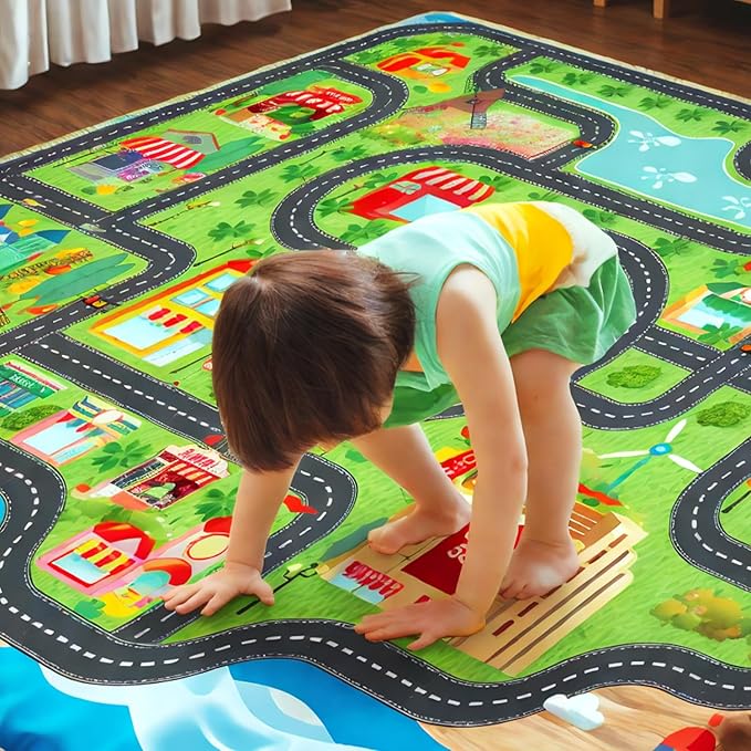 Car Rug,Kids Play Rug with Roads,Playroom Toy Car Rug, Car Track Rug City Map for Bedroom Classroom - (110X78.7 Inches)