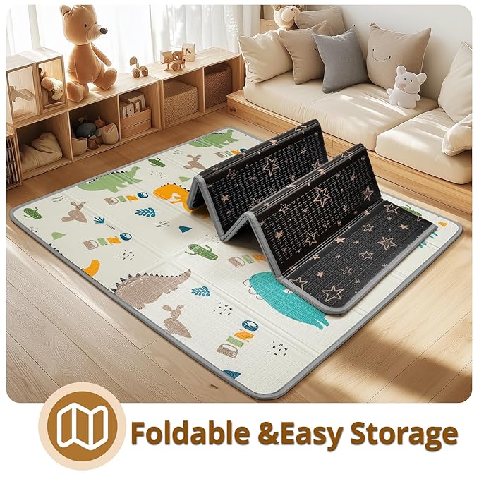 Foldable Baby Play Mat, PIGLOG Waterproof Playmats for Babies and Toddlers Kids, Safe Foam Playmat for Tummy Time, 50x50 Playpen Mat, Reversible Portable Baby Floor Mat for Infant, Toddler, Dinosaur