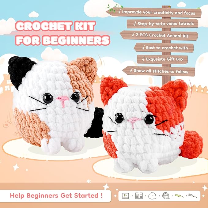 Cat Crochet Kit for Beginners-2PCS Calico Cats Crochet Kits for Adults Kids, Crochet Starter Kit with Step-by-Step Video Tutorials,Crochet Animal Kits Knitting Kit Learn to Crochet Kits