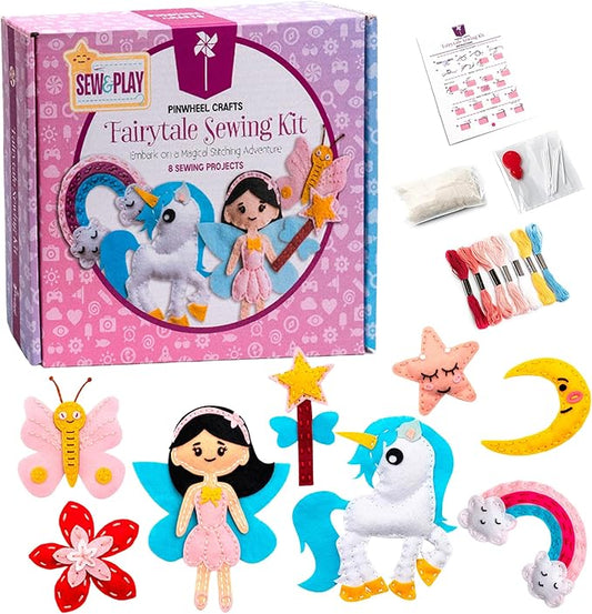 Pinwheel Crafts Beginner Sewing Kit for Kids Ages 5 6 7 8-12+ - Make Your Own Fairytale Characters Kids Sewing Kit - Play & Learn to Sew Craft Box, Girls & Boys Birthday Gifts