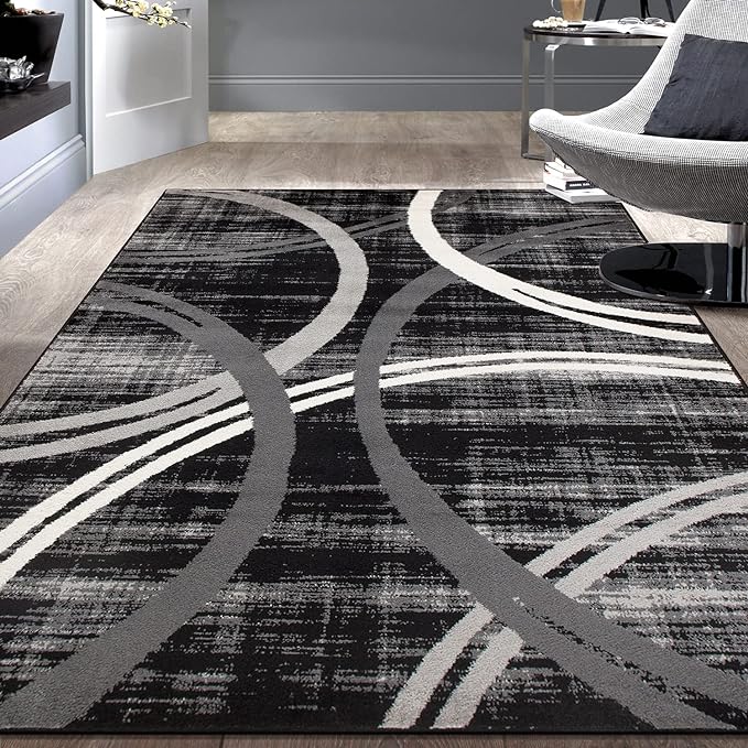 Rugshop Modern Wavy Circles Design Area Rug 8'8" x 12' Black
