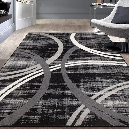 Rugshop Modern Wavy Circles Design Area Rug 6'6" x 9' Black
