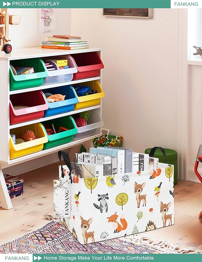 FANKANG Storage Bins, Nursery Hamper Canvas Laundry Basket Foldable with Waterproof PE Coating Large Storage Baskets for Kids Boys and Girls, Office, Bedroom, Clothes,Toys(Rec-deer）