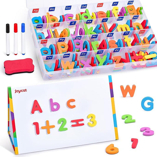 JoyCat Classroom Magnetic Letters Kit 248 Pcs with Double-Side 3D Foldable Magnetic Board - Foam Alphabet Letters&Numbers for Kids Spelling and Learning, Letter Board Tabletop Easel
