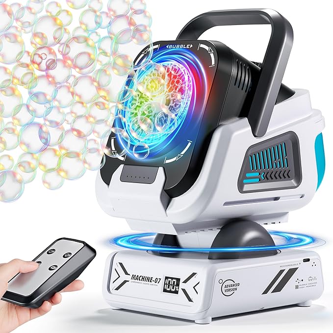 2025 Upgraded Bubble Machine with Remote Control, Automatic Rotation & RGB Lights, 1800mAh Rechargeable Battery, Type-C Charge, Bubble Maker for Kids, Weddings, Birthday Parties, Outdoor Activities