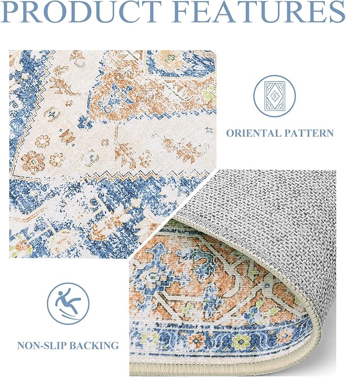 Lahome Boho Small Entryway Rug - 2x3 Non-Slip Washable Rugs for Kitchen Oriental Throw Ultra-Thin Area Rugs for Bedroom Accent Distressed Blue Floor Doormat Carpet for Bathroom Laundry Living Room