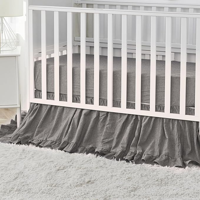 Brandream Crib Bedding Set 3 Pieces Ultra Soft 100% Cotton Bohemian Neutral Solid Grey Crib Comforter, Crib Sheet, Crib Skirt, Farmhouse Chic Ruffle Baby Girl Boys Nursery Bedding