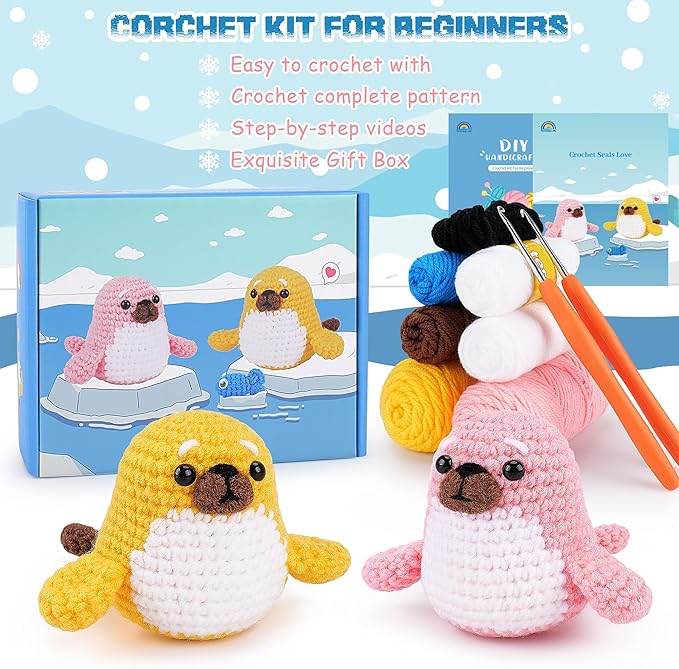 Crochet Kit for Beginners - Seal Crochet Kits with Step-by-Step Video Tutorials, Beginner Crochet Kit for Adults Kids, Crochet Animal Kit, 2 PCS Seals with a Fish Crocheting Set