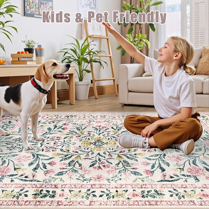 8x10 Area Rugs for Living Room: Floral Washable Rug Vintage Large Soft Boho Non-Slip Carpet Indoor Stain Resistant Low Pile Carpets for Bedroom Dining Room Farmhouse Nursery Home Office Pink Green