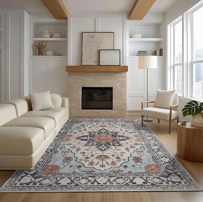 Washable 6x9 Area Rug for Living Room, Carpet for Bedroom Dining Room, Non Slip&Non-Shedding Resistant Low Pile Vintage Print Rug for Home Office (Blue/Gray)