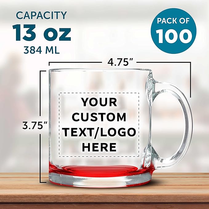 Custom Libbey Clear Glass Coffee Mugs 13 oz. Set of 100, Personalized Bulk Pack - Perfect for Coffee, Tea, Espresso, Hot Cocoa, Other Beverages - Red Bottom