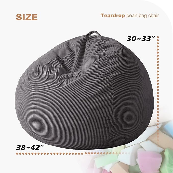 Homguava 3.5FT Bean Bag Chair: Teardrop Bean Bags with Memory Foam Filled, Compact Beanbag Chairs Soft Sofa with Corduroy Cover (Grey)