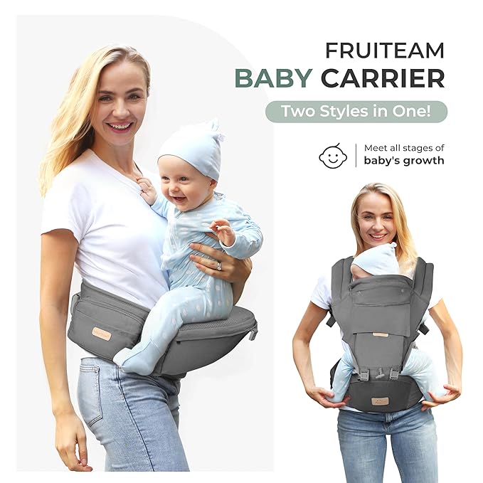 FRUITEAM 6-in-1 Baby Carrier with Waist Stool/Hip Seat for Breastfeeding, One Size Fits All - Adapt to Newborn, Infant & Toddler (Greyish)