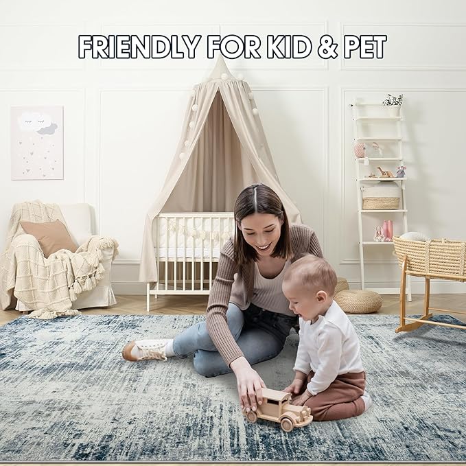 Area Rugs 8x10 Living Room Rugs: Modern Abstract Washable Rug with with Non-Slip Backing, Stain Resistant Indoor Floor Large Carpet for Bedroom Dining Room Table Nursery Hallway Home Office-Blue/Ivory