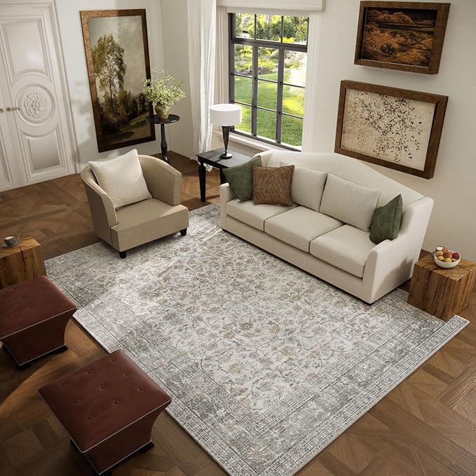 Machine Washable Rugs for Living Room: 5x7 Area Rugs for Bedroom Vintage Stain Resistant Non Slip Low Pile Soft Boho Carpet for Kitchen Dining Room Farmhouse Kids Room Nursery