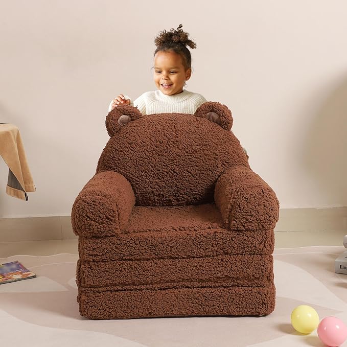 Foldable Sofa for Kids, Sherpa Teddy Bear Toddler Couch With Tri Folding Foam Cushions, Comfy for Ages 3-6