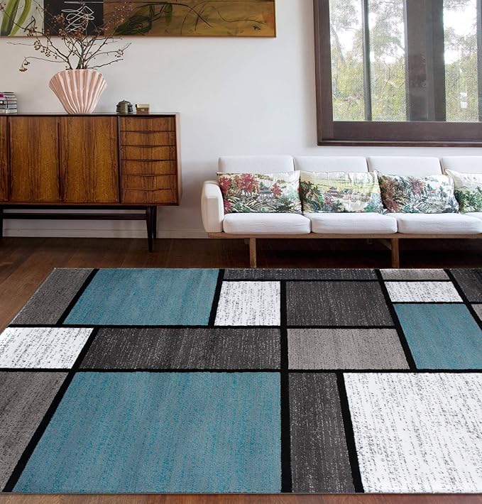 Rugshop Contemporary Modern Boxes for Home Office,Living Room,Bedroom,Kitchen Non Shedding Area Rug 3'3" x 5' Blue/Gray