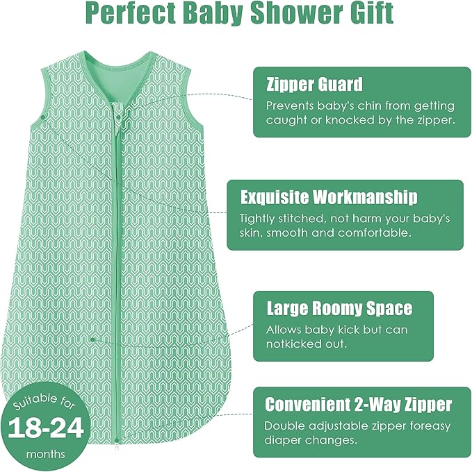 SWEET DOLPHIN Baby Sleep Sack 18-24 Months - 100% Cotton 2-Way Zipper TOG 0.5 Infant Wearable Blanket, Newborn Essentials Toddler 3 Pack Sleeping Sacks - Green