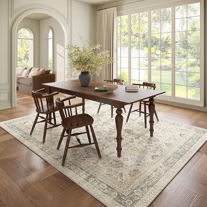 Washable 6x9 Area Rugs for Living Room, Boho Non-Slip Silicone Backing Large Rugs for Bedroom Dining Room Nursery Office, 0.3" Neutral Oriental Throw Carpet with 0.16" Cushioning Pad, Grey/Multi