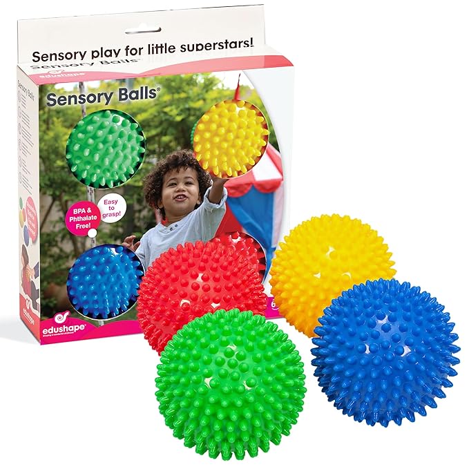 Edushape Sensory Balls for Baby - 4” Solid Color Baby Balls That Help Enhance Gross Motor Skills for Kids Aged 6 Months and Up - Pack of 4 Vibrant Colorful and Unique Textured Balls for Baby