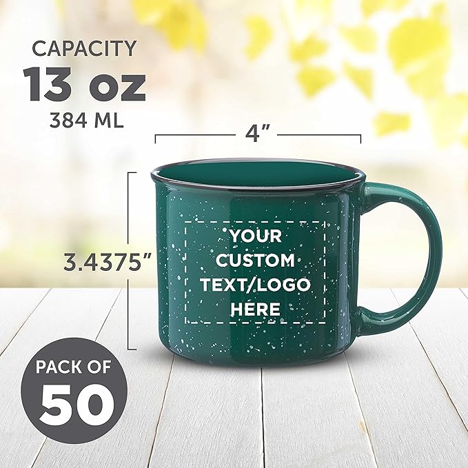 DISCOUNT PROMOS Custom Ceramic Campfire Coffee Mugs 13 oz. Set of 50, Personalized Bulk Pack - Perfect for Tea, Espresso, Cappuccino, Hot Cocoa - Green