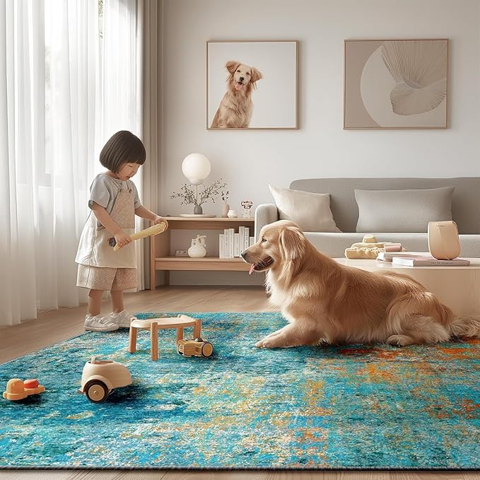 Washable Area Rugs 2'x6' Non-Slip Modern Abstract Soft for Living Room Entryway Bedroom Nursery, Print Pattern, Teal Blue Green Orange Rust Red Colorful