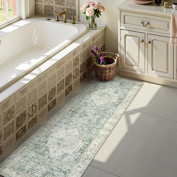 LIVEBOX Washable 2x6 Runner Rug for Bathroom, Non Slip Kitchen Mats for Floor Entryway, Boho Indoor Front Door Mat Low-Pile Runners for Hallways, Farmhouse Rugs for Laundry, Sage Green