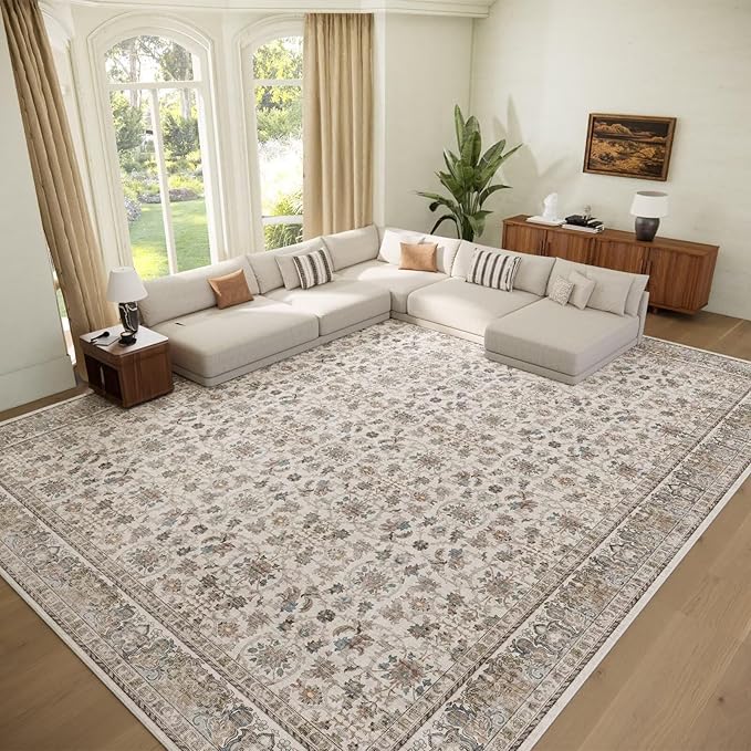 Washable 10x14 Area Rugs for Living Room, Boho Non-Slip Silicone Backing Rugs for Bedroom Dining Room Office, 0.3" Neutral Oriental Throw Carpet with 0.16" Cushioning Pad, Cream/Multi