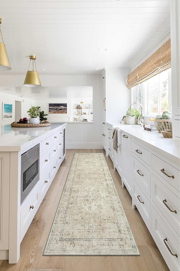 LIVEBOX Washable 2.5x8 Runner Rugs for Entryway Bathroom, Boho Kitchen Floor Mats Long Rug Runners for Hallways Non Slip, Farmhouse Low-Pile Carpet Runners for Laundry Room, Tan