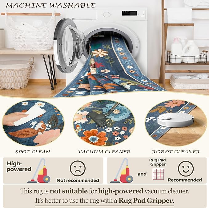 Floral 2x10 Area Rug Machine Washable Soft Print Boho Carpet Non Slip Doormat Low Pile Flower Area Rugs for Living Room Bedroom Nursery Kitchen Dining Room Indoor-Blue/Grey