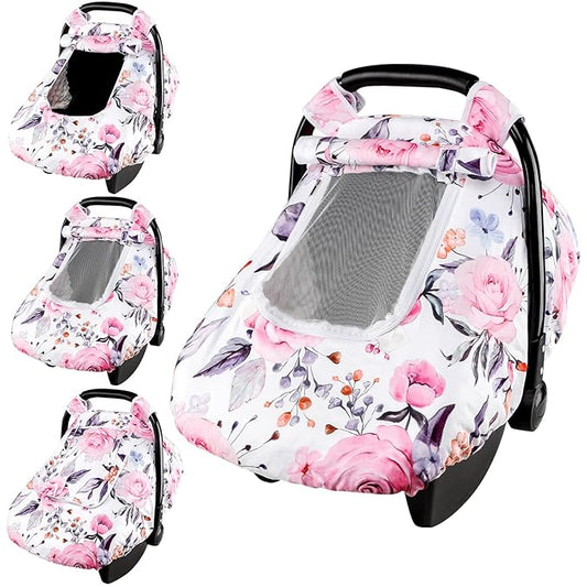 Floral Baby Carseat Cover Girls, Pea Pod Infant Car Seat Covers Canopy for Newborn with 2 Layers Windows of Breathable Mesh/Fabric, Lightweight Polyester/Minky Dot Backing, Snug Fit Most Baby Car Seat