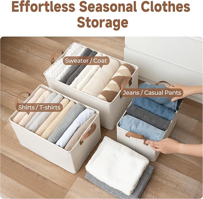 StorageWorks Storage Bins, Shelves Baskets for Organizing, 45L Extra Large Fabric Closet Organizers with Handles, Metal Frame, Beige（Cotton-linen）, 2-Pack