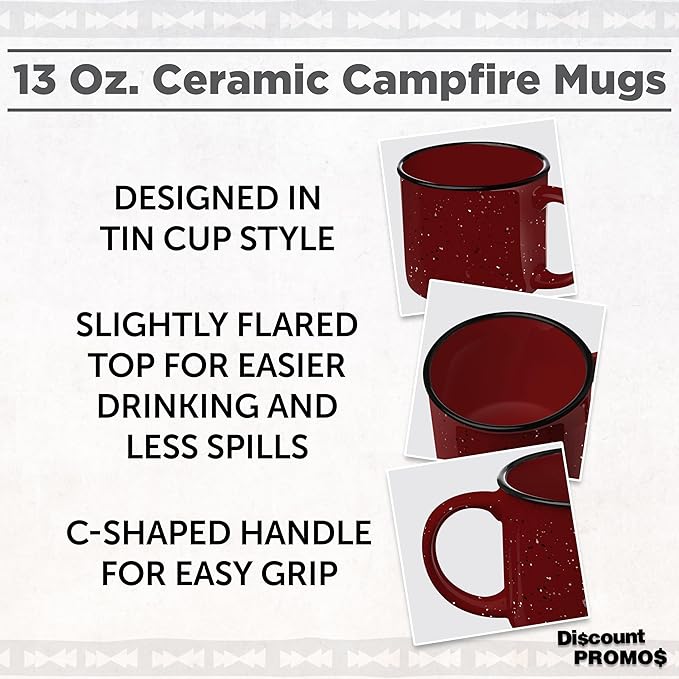 DISCOUNT PROMOS Ceramic Campfire Coffee Mugs 13 oz. Set of 10, Bulk Pack - Perfect for Tea, Espresso, Cappuccino, Hot Cocoa - Maroon