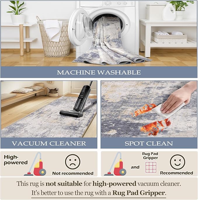 Washable Area Rugs 2'x10' Non-Slip Modern Abstract Soft for Living Room Entryway Bedroom Nursery, Print Pattern, Purple Grey Cream Yellow