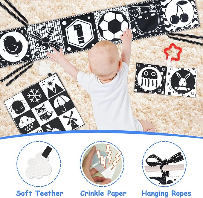KUANGO Newborn Toys Black and White Baby Toys 0-3 Months High Contrast Baby Toys for Newborn - High Contrast Baby Soft Book Infant Tummy Time Toys Crinkle Sensory Toys for Brain Development