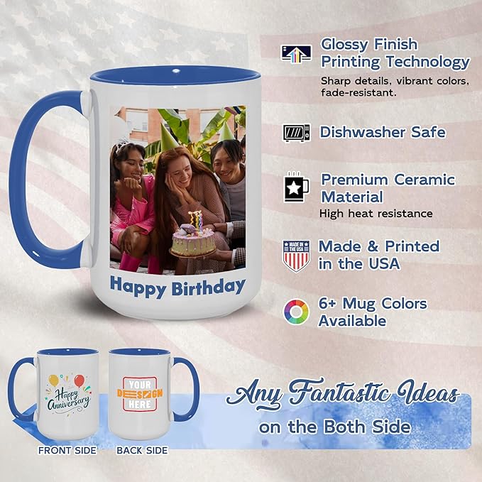Custom Mug Upload Your Picture Personalized Coffee Mug with Photo Text Name Customized Cup Unique Ideas Gifts for Men Women Mom Dad Halloween Christmas Thanksgiving Friend Family (Blue, 11oz)
