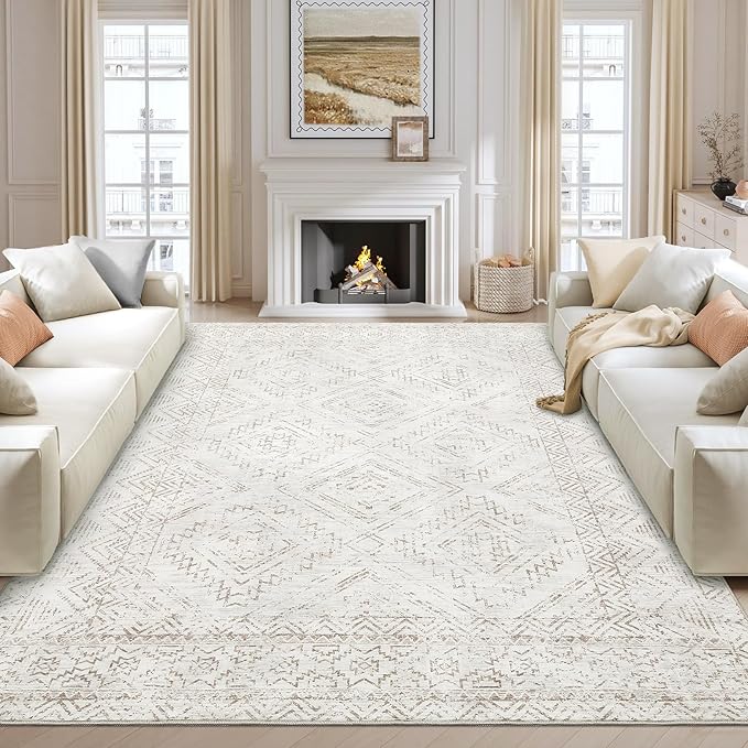 COZYLOOM 10x13 Area Rug Living Room Washable Rugs Stain Resistant for Bedroom Soft Floor Carpet Non Slip Distressed Geometric Carpet for Dining Room Laundry Room Office, Ivory