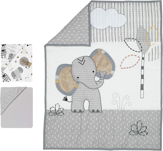 Lambs & Ivy Jungle Safari Elephant 3-Piece Mini Crib Bedding Set - Gray/White