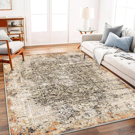 Area Rug 3'x5' Washable Vintage Traditional Floor Cover Foldable Thin Retro Accent Indoor Distressed Non Slip Carpet Floral Print Mat for Bedroom Living Room Bathroom