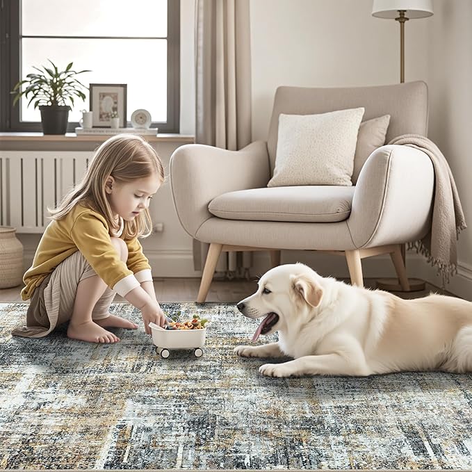Washable Rug 6x9 Area Rugs: Abstract Washable Rugs with Non-Slip Backing, Stain Resistant Indoor Floor Carpet for Bedroom Dining Room Table Nursery Hallway Home Office Brown/Gray