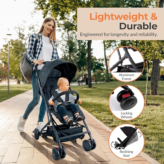 Jovial Lightweight Baby Stroller, Folding Travel Stroller with Reclining Seat, Canopy, 5-Point Safety Harness, Storage Basket, Smooth Wheels, Compact Portable Design (39.8" x 18.7" x 32.3")