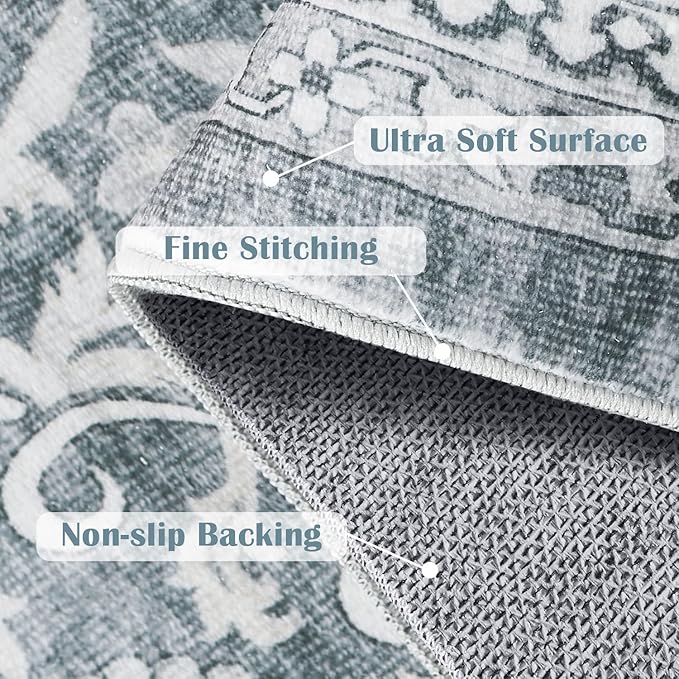 jinchan Hallway Runner Rug 2x10 - Machine Washable Grey Vintage Floral Distressed Design Soft Non-Slip Low-Pile Ultra-Thin Runner Rug for Kitchen Laundry Room Bedroom Farmhouse (2‘x10',Grey)