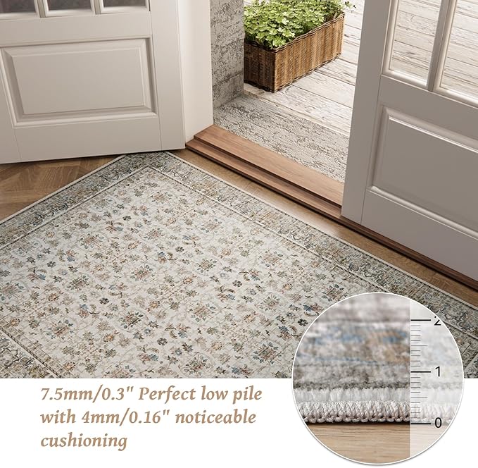 Washable 9x12 Area Rugs for Living Room, Boho Non-Slip Silicone Backing Rugs for Bedroom Dining Room Nursery Office, 0.3" Neutral Oriental Throw Carpet with 0.16" Cushioning Pad, Cream/Multi