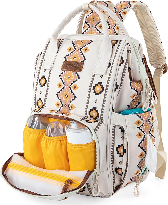 Wrangler Diaper Bag Backpack Aztec Travel Backpack Purses Western Multi-Function Baby Bags for Mom with Waterproof Insulated Pockets