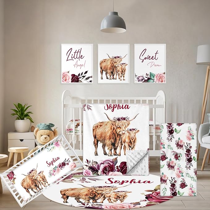 Custom Baby Crib Bedding Set, 5 Pcs Personalized Name Baby Crib Sets for Infant Toddler, Purple Highland Cow Nursery Bedding Set for Baby Girls, Double Layer Baby Bedding Sets Customized Gifts