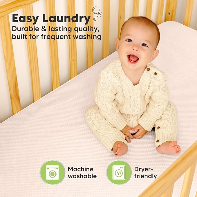 Waterproof Crib Mattress Protector Cover Fitted - 2-Pack Quiet Baby Crib Mattress Pad Sheets, 52" x 28" Soft Quilted Cotton Baby Sheet, Machine Washable, Easy Fit, Durable (Mist Rose/Quin)