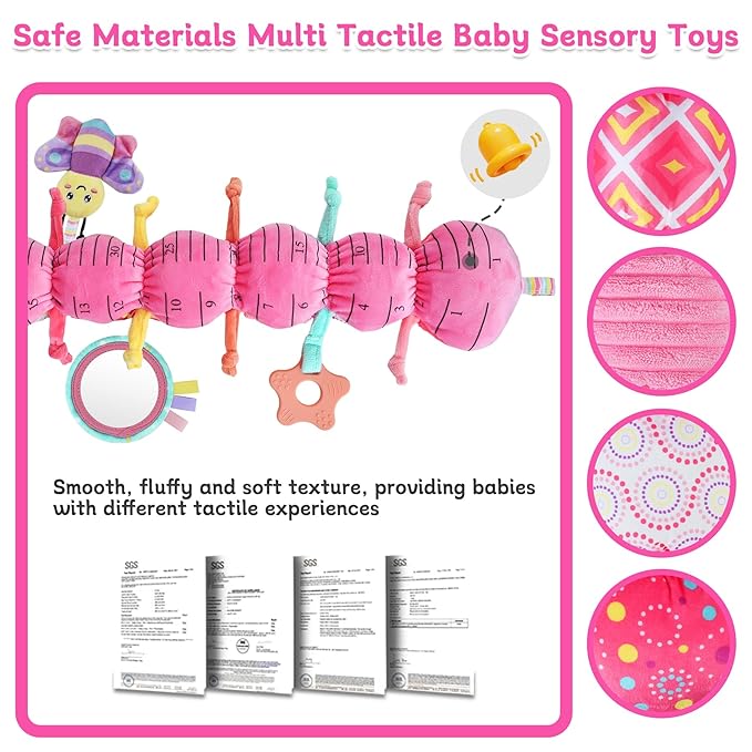 Baby Girls Toys 6-12 Months - Infant 6-in-1 Sensory Music Animal Stuffed Caterpillar Toy with Rattle & Mirror Crinkle for Tummy Time, Newborn 0 3 6 9 12 18 Shower Gifts Soothing Companion Toys, Pink