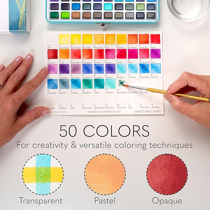 CHROMATEK Watercolor Paint Set – 50 Vivid Colors Including Transparent, Opaque & Pastel – Art Kit with Brush, Water Pen, Palette, Color Chart, Swatch Sheets, Pad & Metal Travel Case